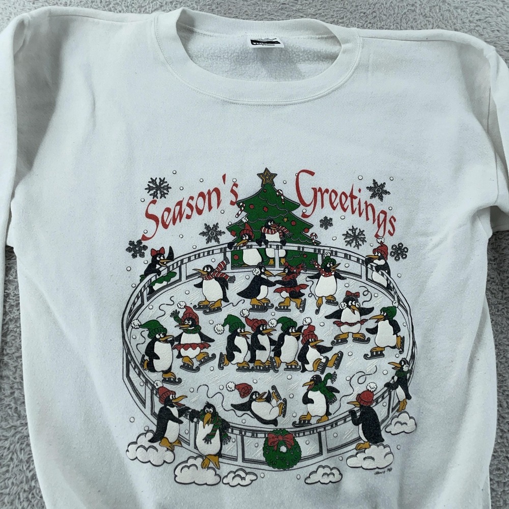 Vintage Penguins Christmas Cartoon Sweatshirt Medium Season's Greetings 90s